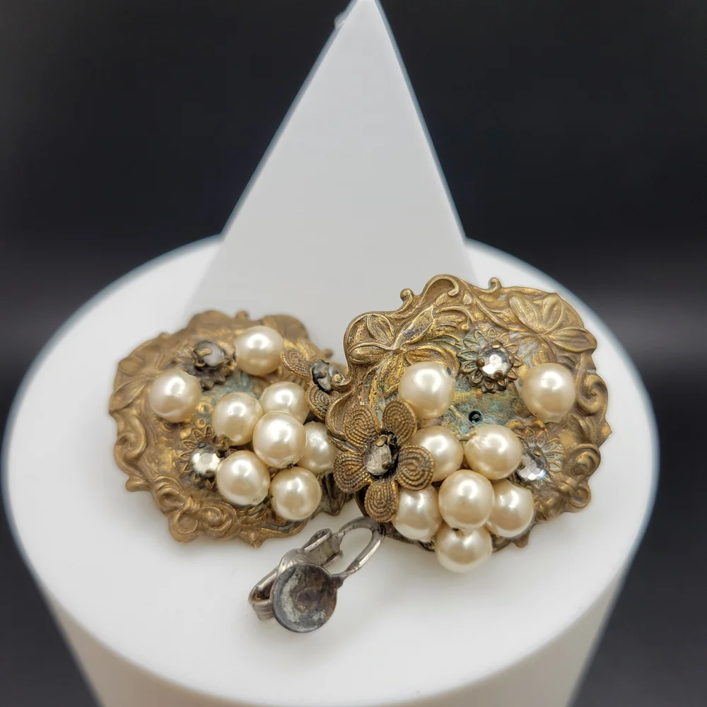 Vintage Art Nouveau Brass Faux Cluster Pearl Sterling Clip-On Earrings *AS-IS* - Picture 3 of 15
